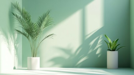 Obraz premium Plants in sunlight, green wall.