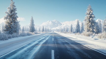 Fototapeta premium Tranquil Winter Drive: Remote Highway Through Snowy Landscape with Snow-Covered Pine Trees and Mountains in Distance, Calm Solitude Scene