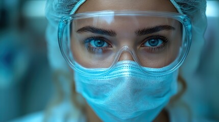 a female lab scientist doctor or nurse is seen wearing a clean suit blue gloves and protective eyewear in this image of uk front line medical personnel handling hospital covid 19 pandemic crisi
