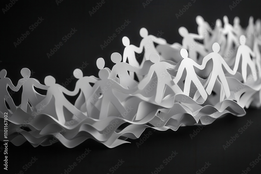 Poster a chain of white paper figures holding hands, symbolizing unity and togetherness, set against a dark