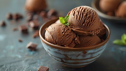 Chocolate ice cream scoops with mint in a bowl on blue wooden table