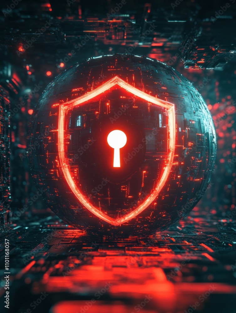 Poster global digital security protection concept with glowing digital shield with keyhole sign in technolo