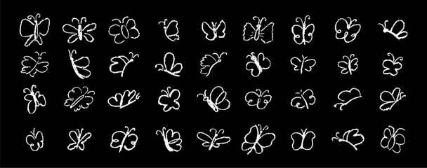 Set of butterflies drawing by pastel or charcoal pencil. White chalk line butterfly simple element on black chalkboard background. Like children's drawing cute fly collection. Vector illustration.