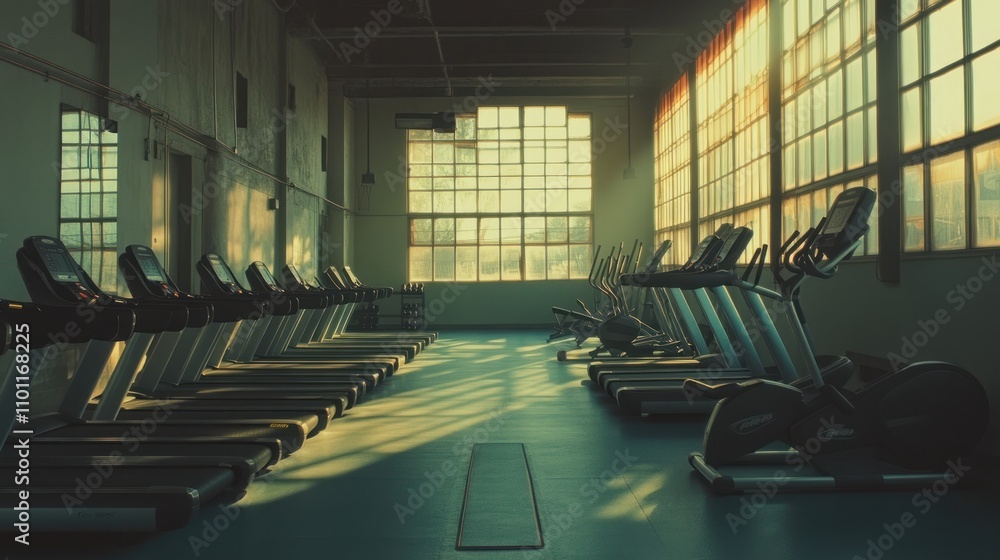 Poster sunlit empty gym with rows of treadmills and cardio machines.