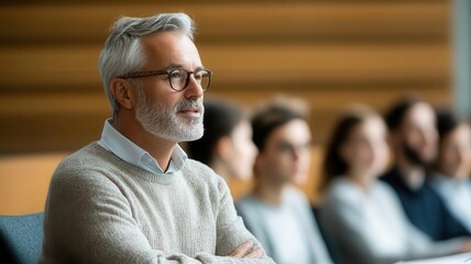 Fototapeta premium A thoughtful senior professional in glasses and a beige sweater listens attentively during a team meeting in a modern office environment. 