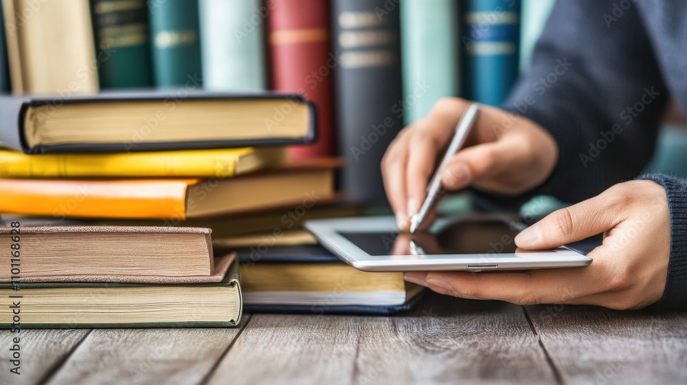 Aufkleber hands using digital tablet in library