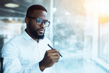 A focused male mathematician writes formulas on a transparent board in a contemporary office filled with natural light