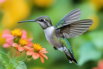 Obraz premium A hummingbird hovers in mid-air, wings spread, with a blurred background of colorful flowers.