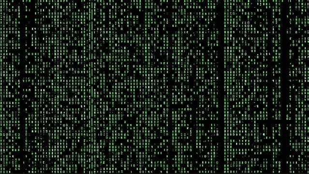 Digital matrix code: dynamic green binary numbers on black background
