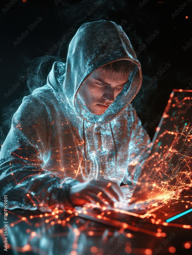 Poster hacker in hoodie using computer at desktop with digital glowing map interface. ai and global concept