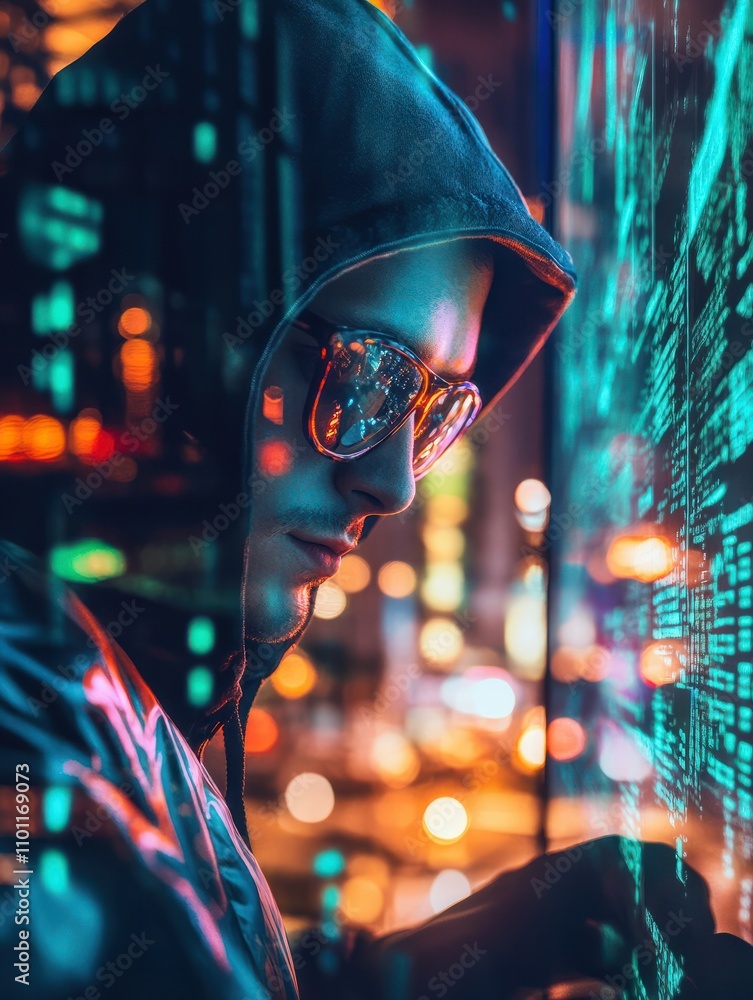 Poster hacker using computer with digital finance and data protection interface. protection concept. double