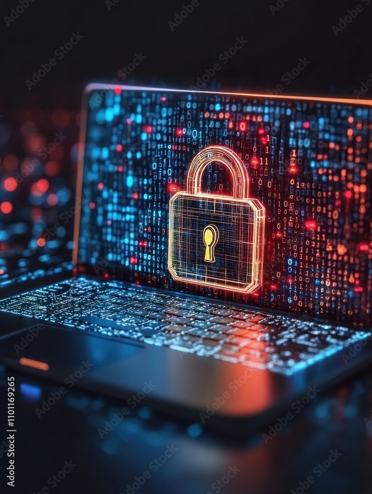 Poster hacker using laptop with abstract padlock network hologram on blue binary code background. safety an