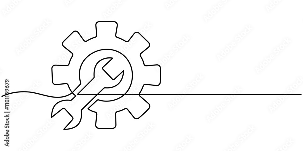 Poster continuous one line drawing of machine gear. one line drawing illustration of gear wheel. gear techn
