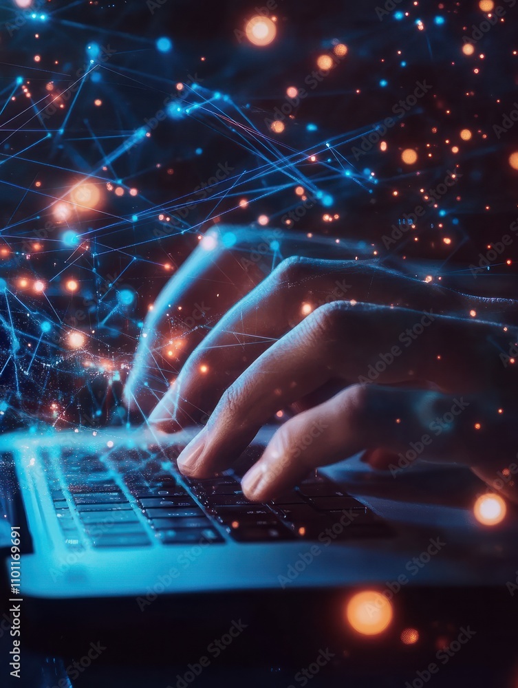 Poster hands using laptop on desktop with abstract 5g network hologram. internet and web speed concept. mul