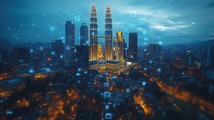 Naklejka premium a holographic hologram of abstract technology icons surrounds a panoramic view of kuala lumpur malaysia asia concept of connections and networking among individuals double exposur