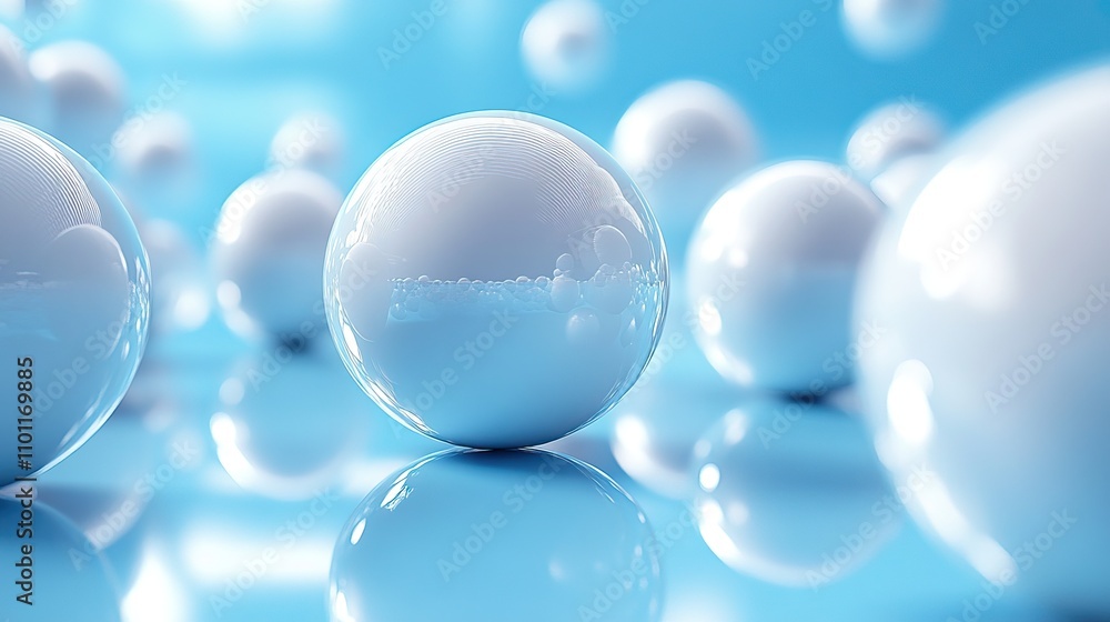 Poster a large number of white spheres with blue background rendering