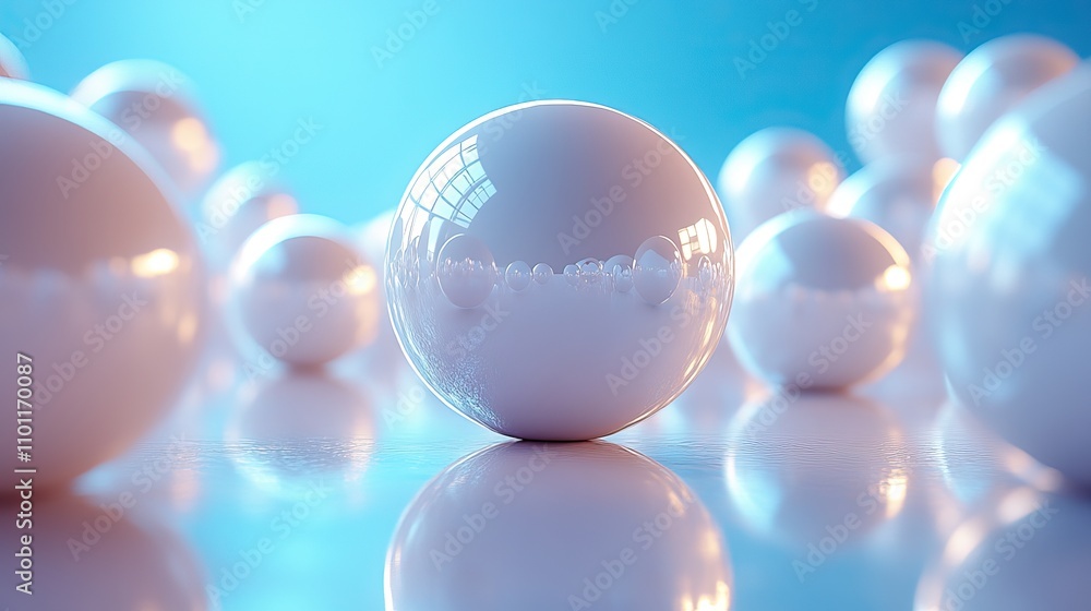 Poster a large number of white spheres with blue background rendering