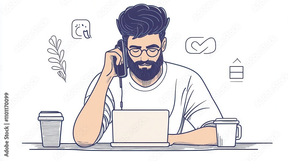 Poster a man with glasses is working on a laptop while talking on the phone, surrounded by coffee cups and 