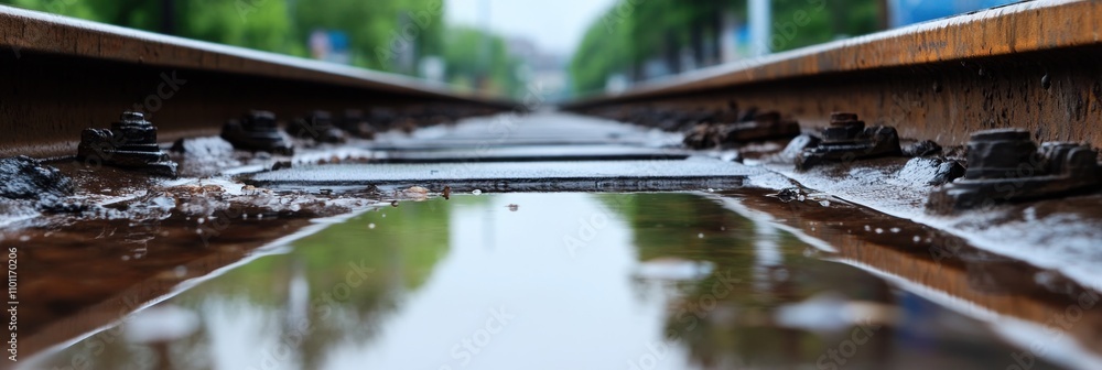 Poster puddle reflecting trees on a railway track.