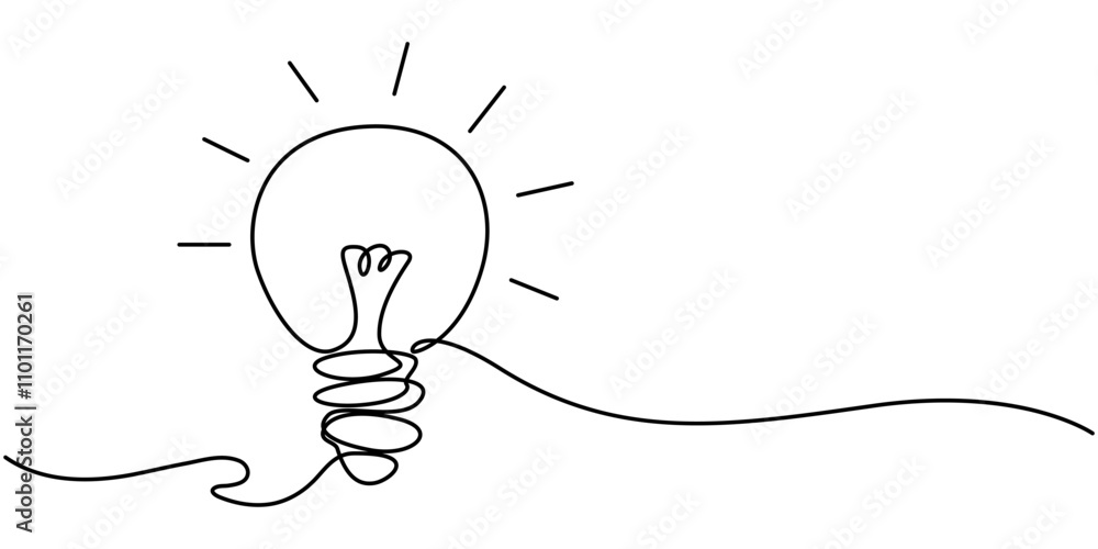 Poster Light bulb continuous one line drawing. Single line vector illustration with editable stroke, Creative Idea Continuous Line Editable Icon, light bulb with one continuous editable line. Minimalistic 