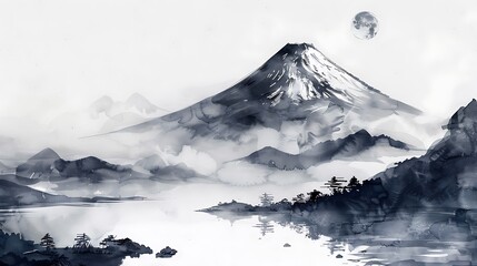 A Tranquil Sumi-e Landscape Painting Featuring Mount Fuji, Serene Waters, and Delicate Brushstrokes that Capture the Essence of Japanese Nature and Zen Aesthetics