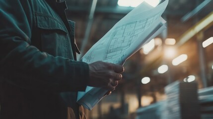 Worker reviewing blueprints in industrial setting.