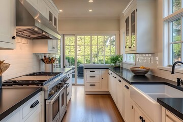 Fototapeta premium Modern kitchen with white cabinetry and black countertops