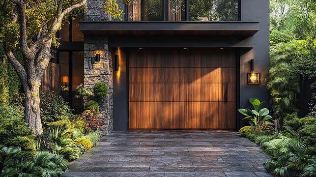 a modern luxurious home with a brown raw wooden gate closed and a classic wood portal access doo