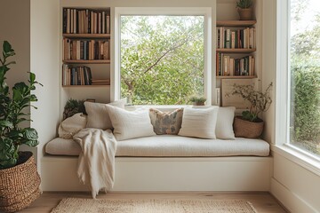 Fototapeta premium Cozy reading nook with built-in bench and bookshelves