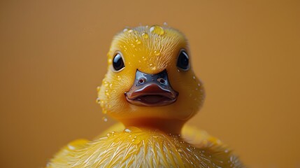 Close up portrait of rubber ducky on water drop