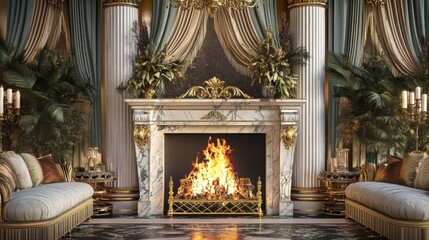 Obraz premium A luxurious Hollywood Glam fireplace with a marble mantel