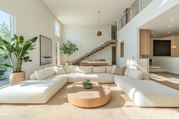 Fototapeta premium Modern living room with large sectional and indoor plants