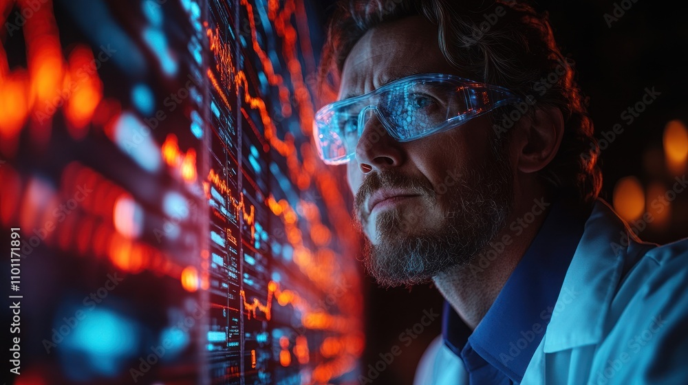 Poster a scientist in a lab coat and safety glasses observes a complex data display, analyzing information 