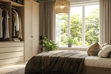 Obraz premium Modern bedroom with built-in wardrobe and pendant lights