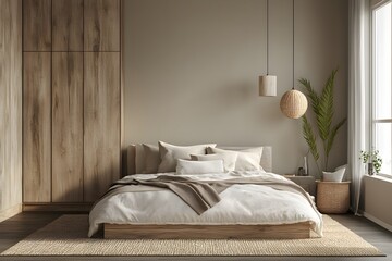Modern bedroom with built-in wardrobe and pendant lights