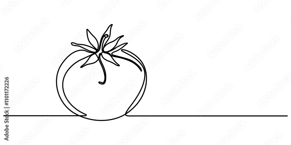 Poster tomato in continuous line art drawing style. ripe tomato fruit black linear sketch isolated on white