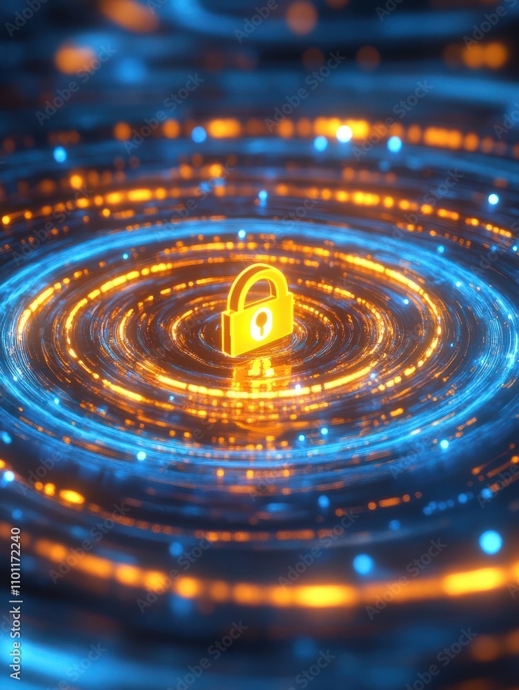 Poster network security concept with glowing lock sign in yellow and blue rings on abstract glowing backgro