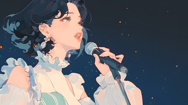 A black-haired anime girl with short hair singing into a microphone, Generative AI 
