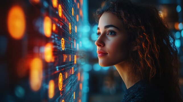 A young woman with curly hair stands in front of a brightly lit wall, gazing off into the distance.