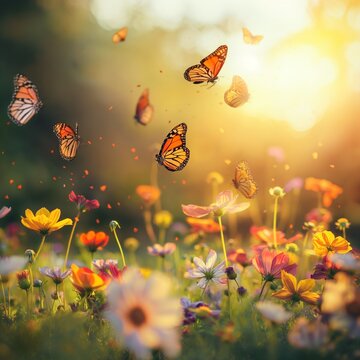 A vibrant meadow filled with wildflowers and butterflies, featuring a butterfly resting on a flower among the blossoms