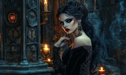 Obraz premium Dark gothic woman, candles, ornate stone.