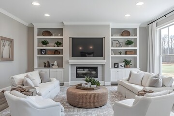 Modern living room with wall-mounted TV and built-in shelving