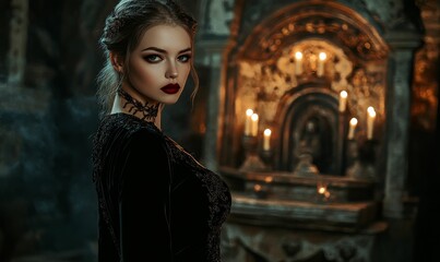 Fototapeta premium Elegant woman, black velvet dress, candlelit chapel.