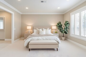 Fototapeta premium Modern bedroom with built-in wardrobe and pendant lights