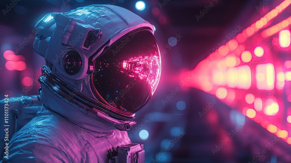 Poster a spaceman with dark neon light effect rendering