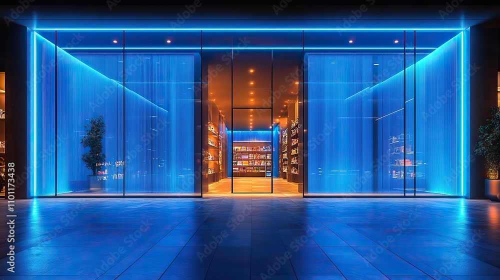 Poster a store building with blue glowing lines rendering