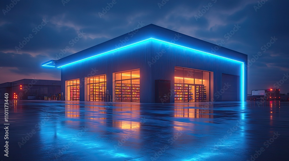 Poster a store building with blue glowing lines rendering