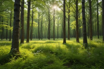 Obraz premium sunlight shining through the trees in a forest with ferns