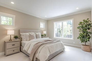 Fototapeta premium Modern bedroom with wall-mounted lights and simple decor
