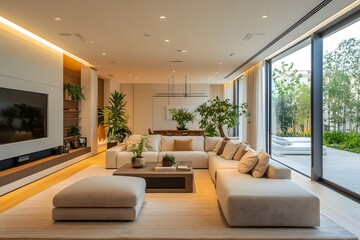 Fototapeta premium Modern living room with indoor plants and natural light